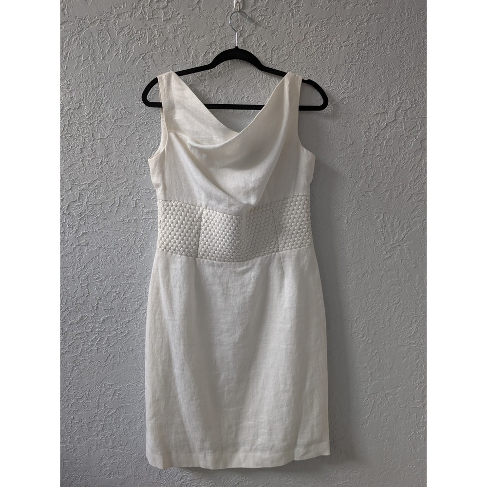 Antonio Melani Dress Women 6 Linen White Cowl Neck Basketweave Waist Sheath